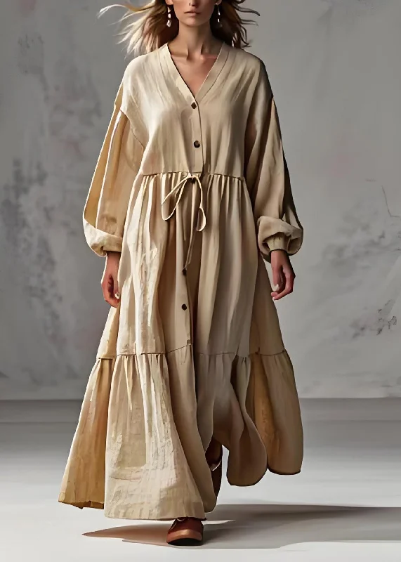 Plus Size Apricot V Neck Wrinkled Patchwork Cotton Long Dress Lantern Sleeve Tunics Chic elegant