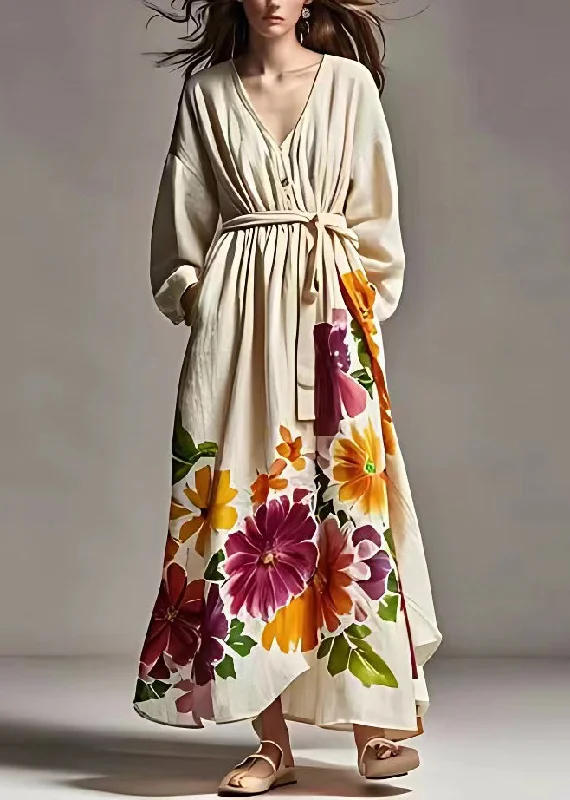 Plus Size Beige Print Pockets Tie Waist Cotton Long Dresses Fall Tunics Chic fashionable