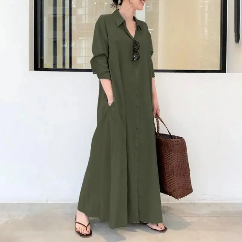 Cotton Linen Pocket Long Dress Women 5269 Tunics Trendy modern