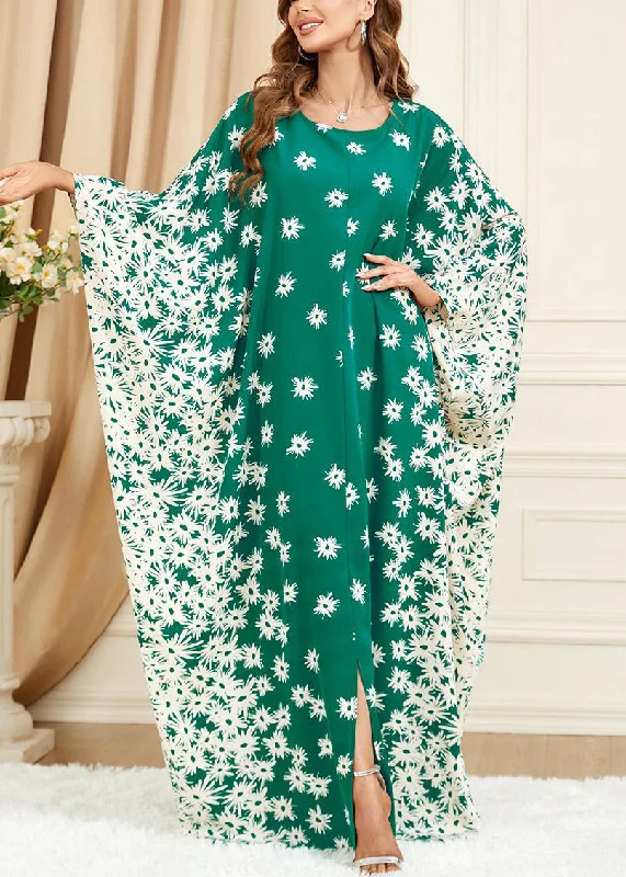Plus Size Green Print Side Open Cotton Long Dress Batwing Sleeve Tunics Stylish elegant