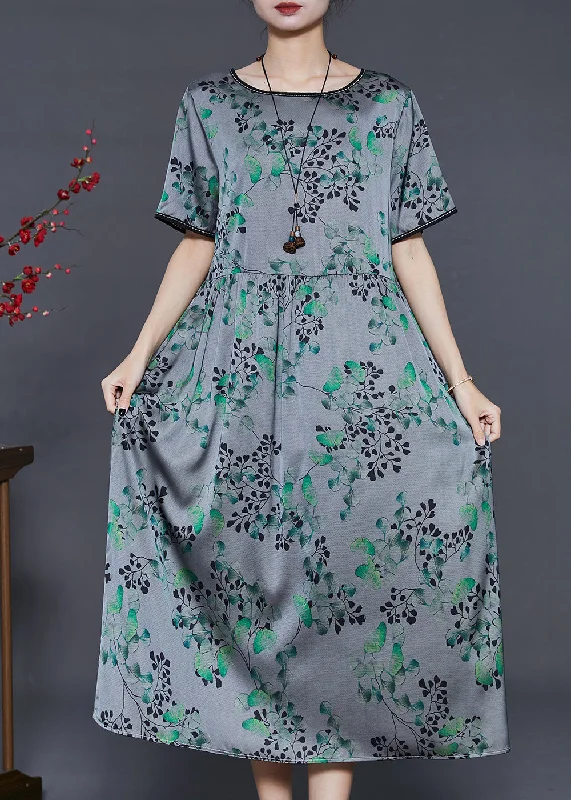 Plus Size Grey Oversized Print Silk Long Dress Summer Tunic Top Casual