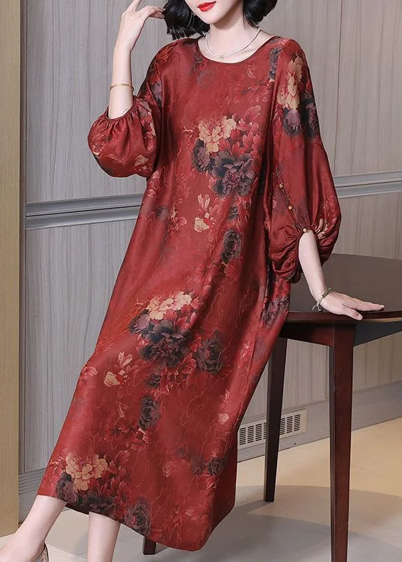 Red Print Button Silk Long Dress O Neck Half Sleeve Tunics Summer linen