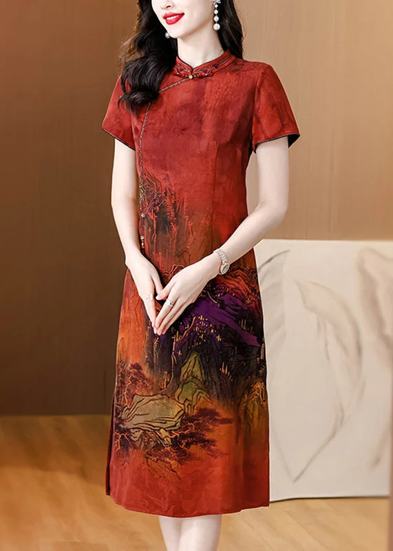 Red Print Vintage Silk Long Dress Tasseled Side Open Summer Tunics Versatile functional
