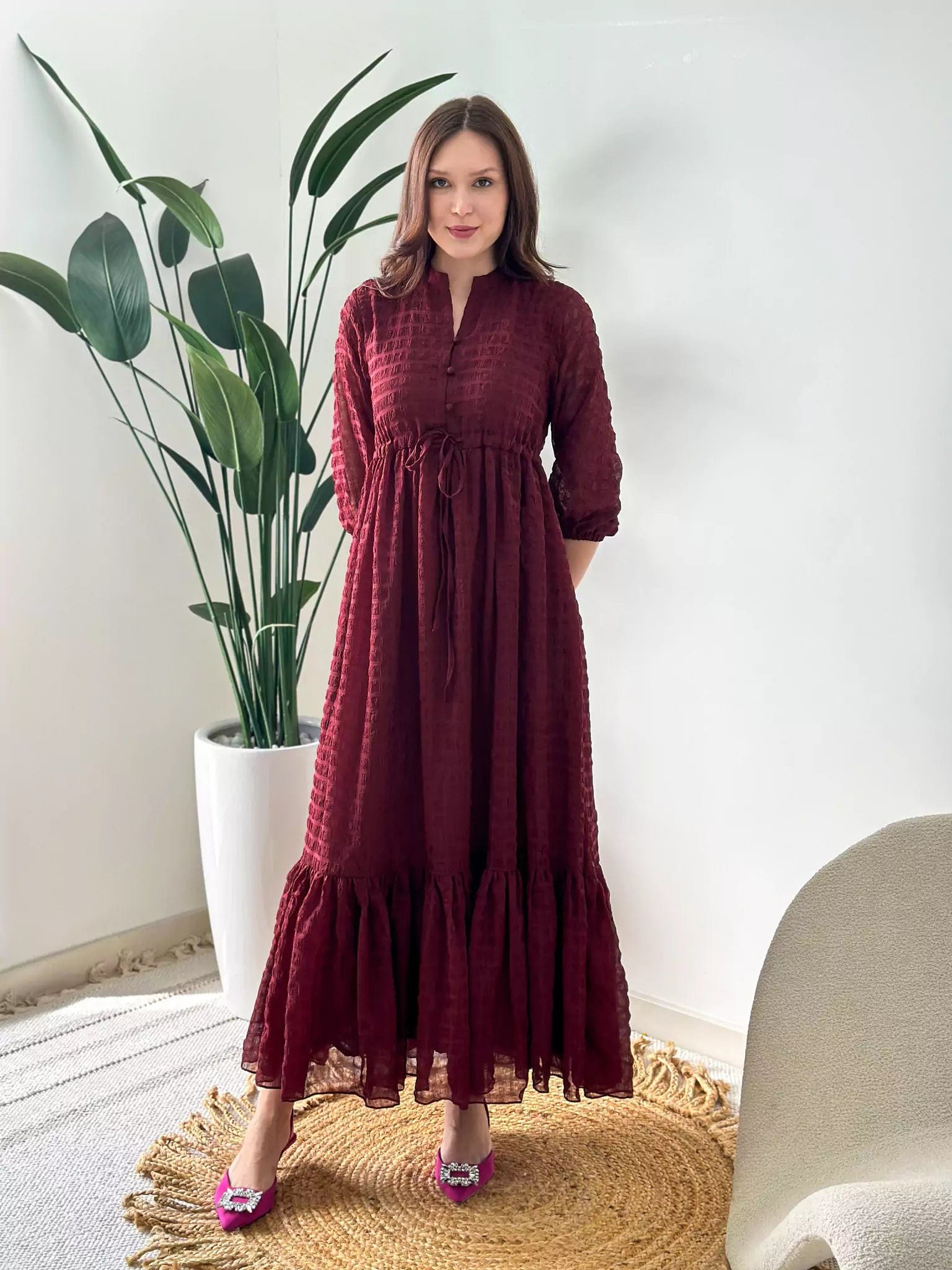 Red Wood Texture Long Dress Tunics Lace romantic
