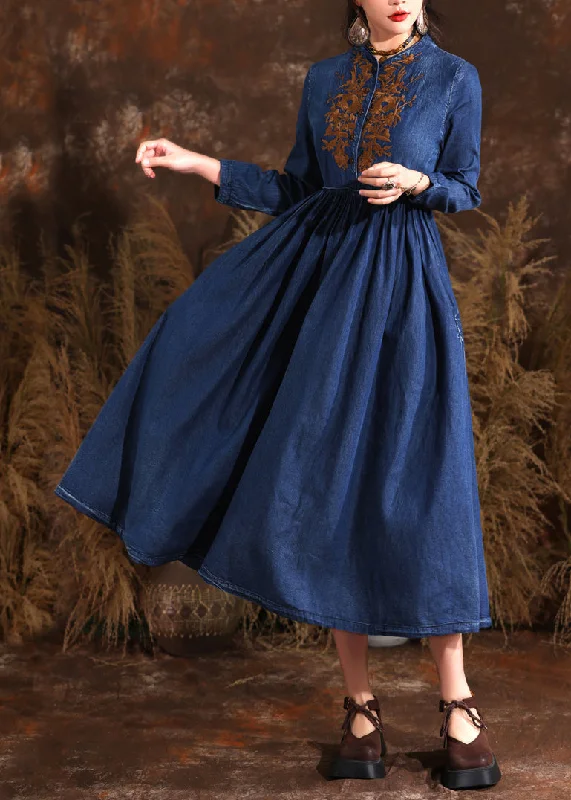 Retro Navy Stand Collar Wrinkled Patchwork Denim Long Dress Long Sleeve Crew Neckline Casual