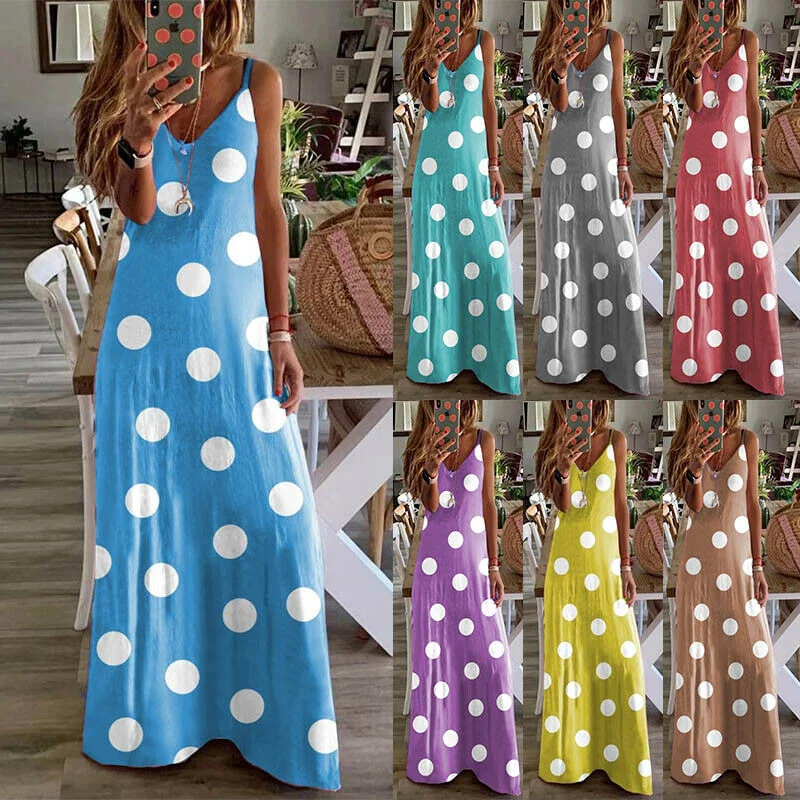 V Neck Dot Printing Casual Slim Loose Long Dress Tunics Leisure comfortable