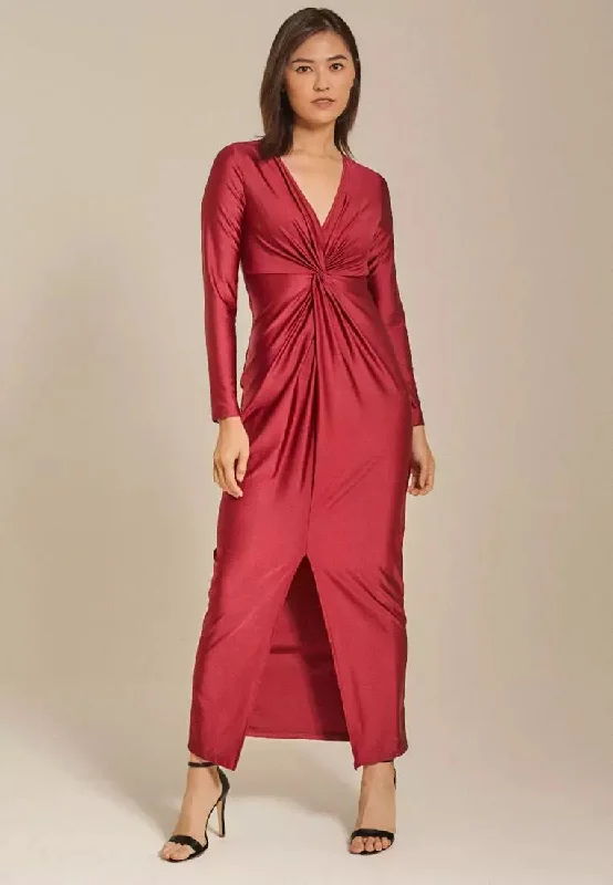 Sexy Long Sleeve V Neck Split Pleated Long Dress B-84946 Tunics Yoga stretchy