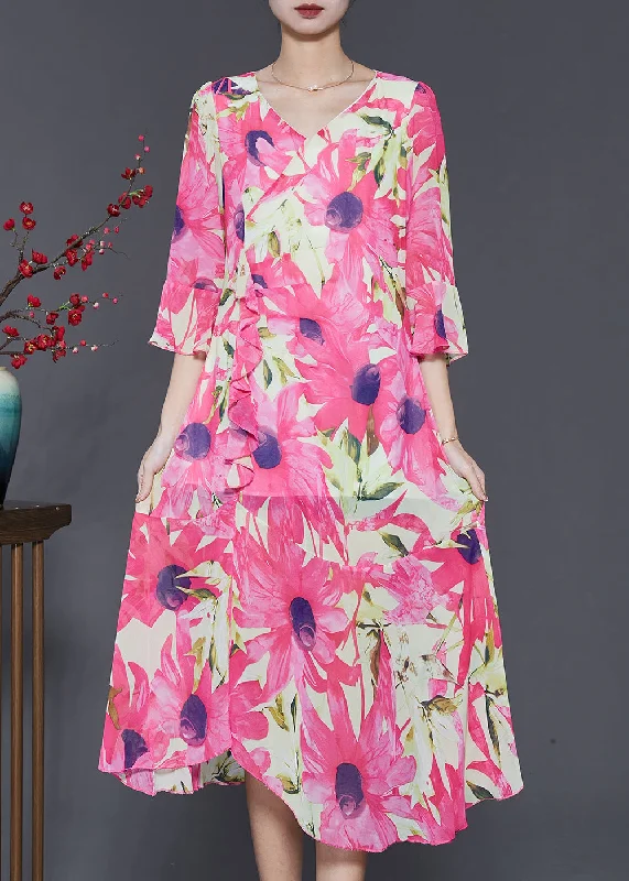 Silm Fit Pink V Neck Print Chiffon Long Dress Flare Sleeve Tunics Office stylish