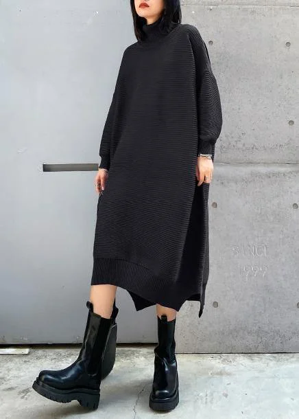 Simple black Sweater outfits Largo high neck low high design Art fall knit dress Soft Cozy Warm Simple black Sweater outfits Largo high neck low high design Art fall knit dress Soft Cozy Warm