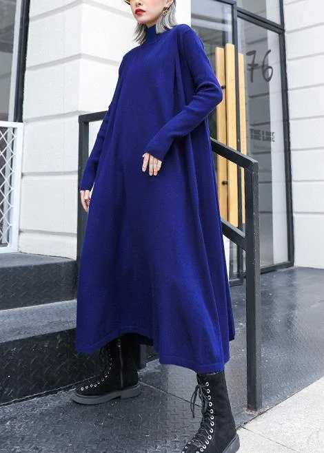 Simple blue Sweater dress outfit Street Style high neck pockets Ugly knit dresses Knit Fabric Woven Fabric Fleece Fabric