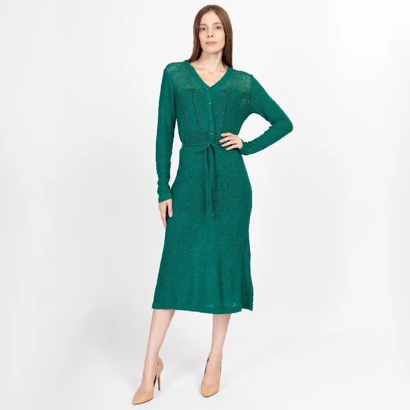Sm-Med 70s Jade Green Eyelet Knit Midi Sweater Dress Houndstooth Herringbone Solid