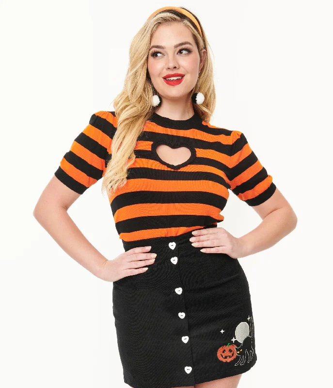 Smak Parlour 1950s Black & Orange Stripe Heart Sweater Stylish Fashionable Trendy