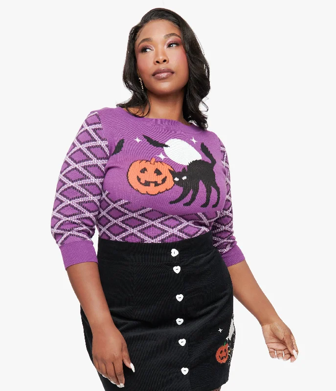 Smak Parlour Plus Size Purple Plaid & Black Cat Sweater Iron Safe Non-Iron Wrinkle Free