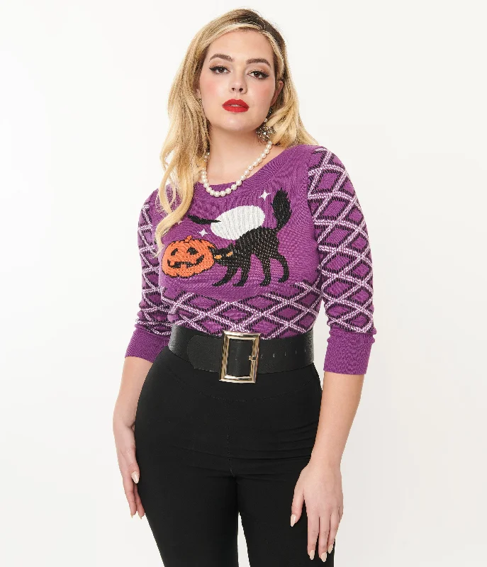 Smak Parlour Purple Plaid & Black Cat Sweater Anti-Pilling Anti-Shrink Durable