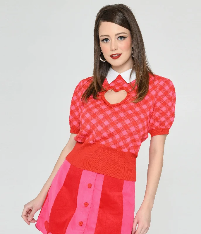 Smak Parlour Red & Pink Bias Gingham Heart Sweater Casual Formal Business