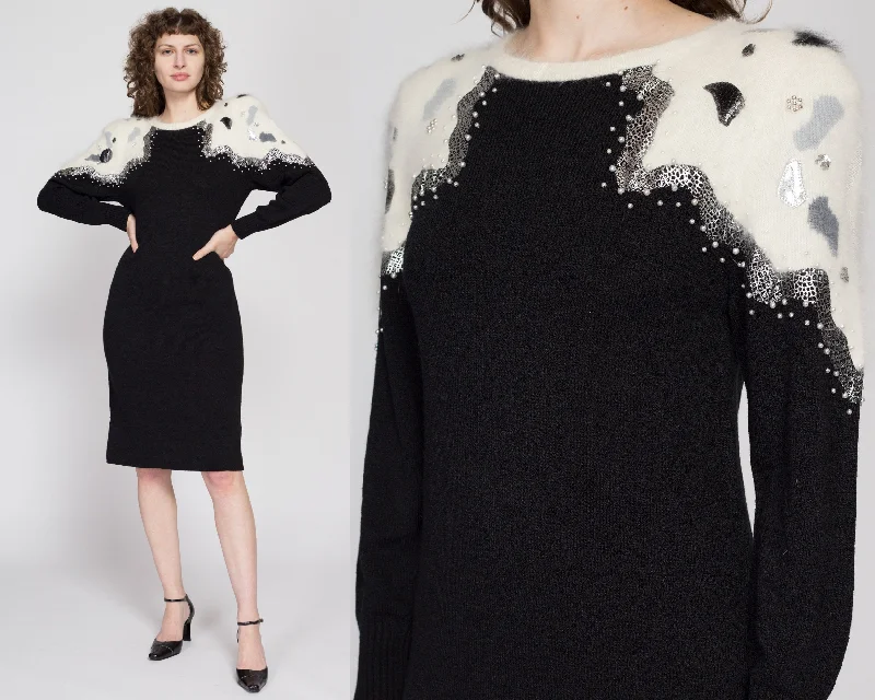 Small 80s Black & White Angora Knit Midi Sweater Dress Toggled Drawstring Belted