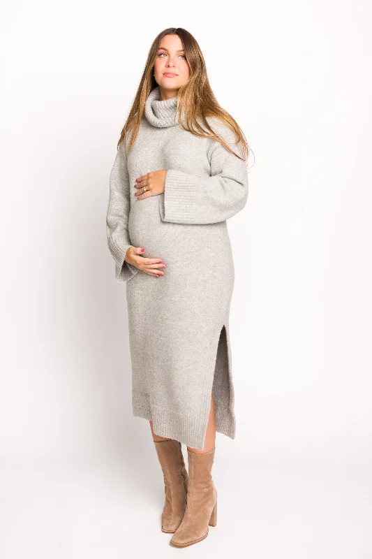 Melissa Cowl-Neck Sweater Midi Dress in Heather Grey Zippered Buttoned Snapped