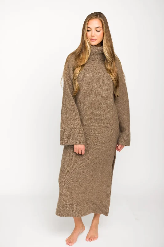 Melissa Cowl-Neck Sweater Midi Dress in Light Mocha Sequined Glittery Shiny