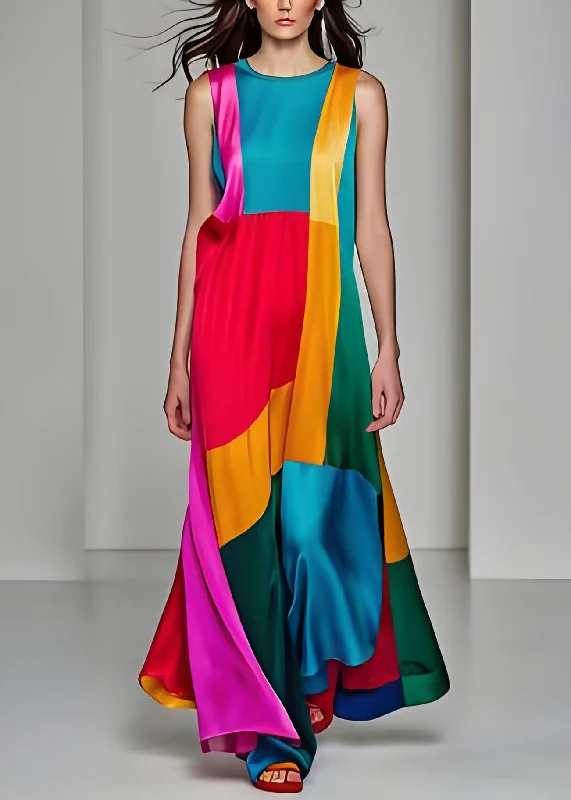Style O Neck Patchwork Draping Silk Long Dresses Sleeveless Tunics Luxurious high-end