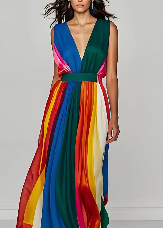 Stylish Colorblock V Neck Patchwork Silk Long Dresses Sleeveless Tunics Luxurious high-end