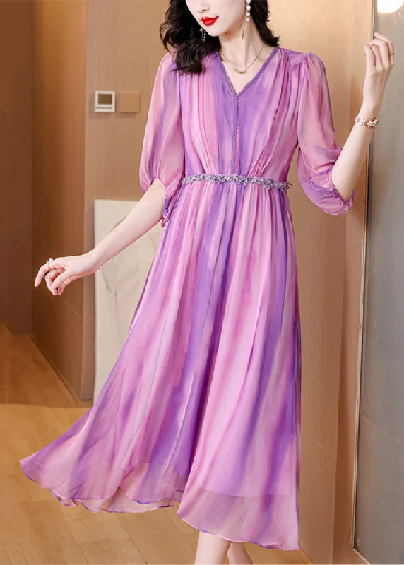 Stylish Purple V Neck Striped Wrinkled Silk Long Dresses Summer Tunics Cozy comfortable