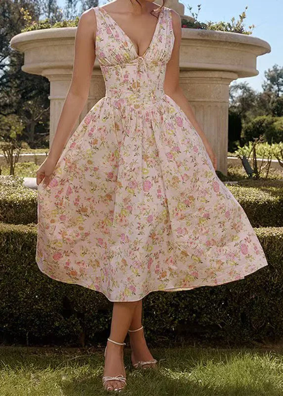 Summer Elegant Fashion High Waist Open Back Strap Pink Print Dress Tunics Bestseller popular