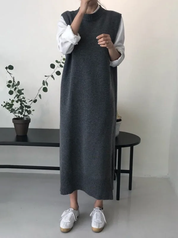 Urban Loose Sleeveless Solid Color Classic Round-Neck Midi Dresses Sweater Dresses Lace Blend Ribbed Blend Corduroy Blend