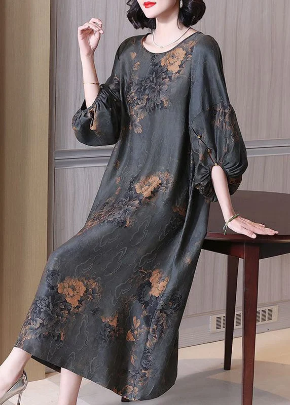 Top Quality Grey O Neck Print Silk Long Dresses Summer Tunics Spring floral