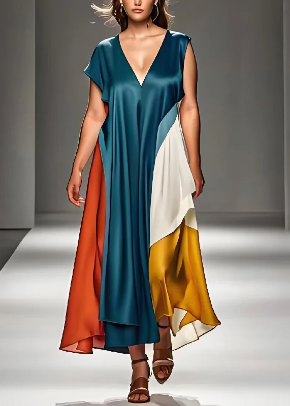 Unique Blue V Neck Patchwork Silk Long Dresses Summer Tunics Cozy soft