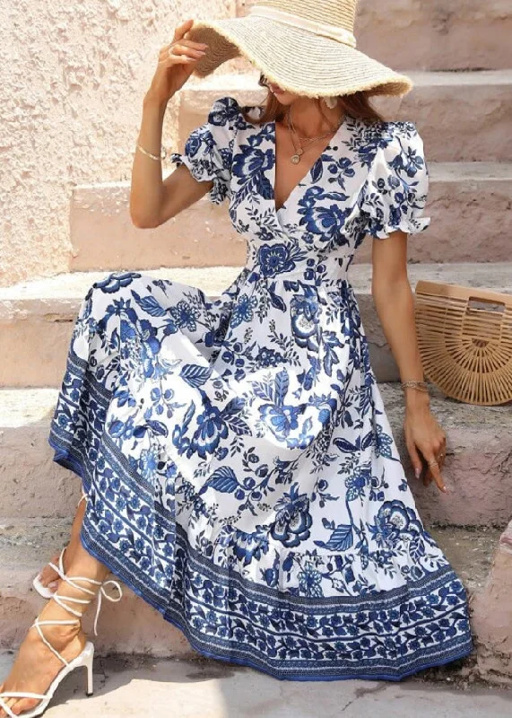 Unique Blue V Neck Puff Sleeve Print Long Dress Tunics Handmade artisanal