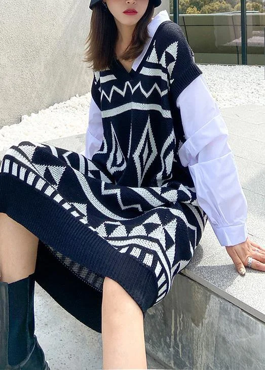 Vintage black Geometric Sweater Wardrobes Beautiful v neck DIY sweater dress Iron Safe Non-Iron Wrinkle Free Vintage black Geometric Sweater Wardrobes Beautiful v neck DIY sweater dress Iron Safe Non-Iron Wrinkle Free