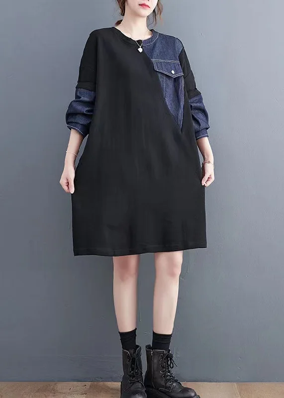 Vintage black patchwork denim blue Sweater dresses Quotes pockets baggy sweater dresses Tailored Straight A-Line
