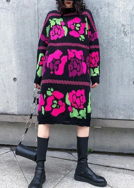 Vintage floral Sweater dress outfit Vintage stand collar Hole baggy knitwear Hooded Sweater Collared Sweater Shawl Collar