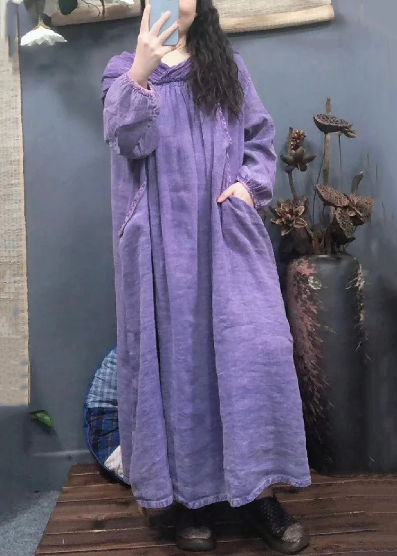 Vintage Purple Hooded Pockets Solid Linen Long Dress Spring Tunics Versatile functional