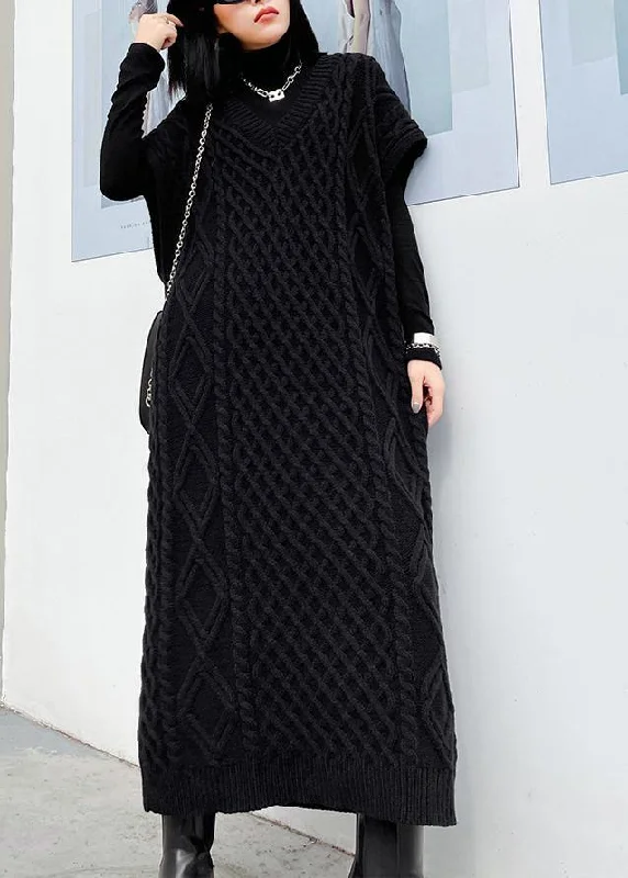 Vintage v neck sleeveless Sweater spring dress outfit Design black tunic knitted dress Boat Neck Shawl Collar Notched Collar