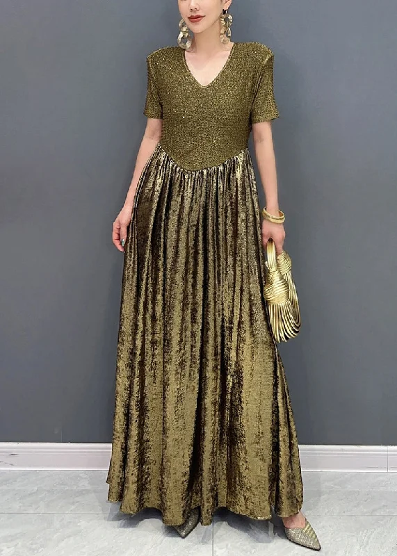 Vogue Gold V Neck Sequins Long Dresses Summer Tunics Mesh breathable