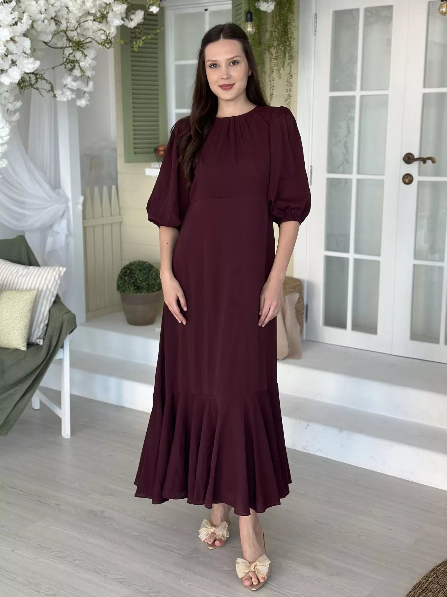 Whispering Petals Long Dress - Maroon Tunics Solid Classic