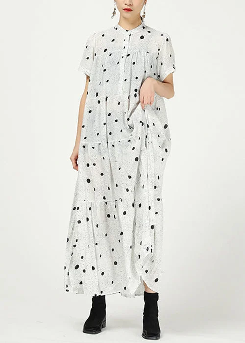 White Button Print Cotton Long Dress Stand Collar Summer Tunics Practical durable
