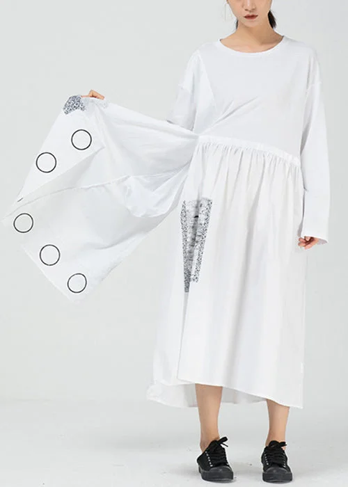 White Pockets Patchwork Cotton Long Dress O Neck Spring Tunics Cozy comfortable