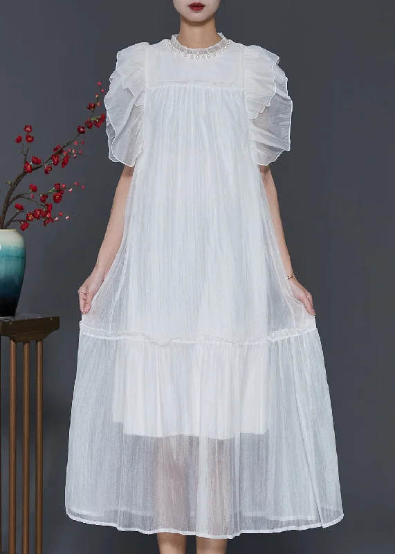 White Silk Long Dress Ruffled Nail Bead Petal Sleeve Tunics Travel practical