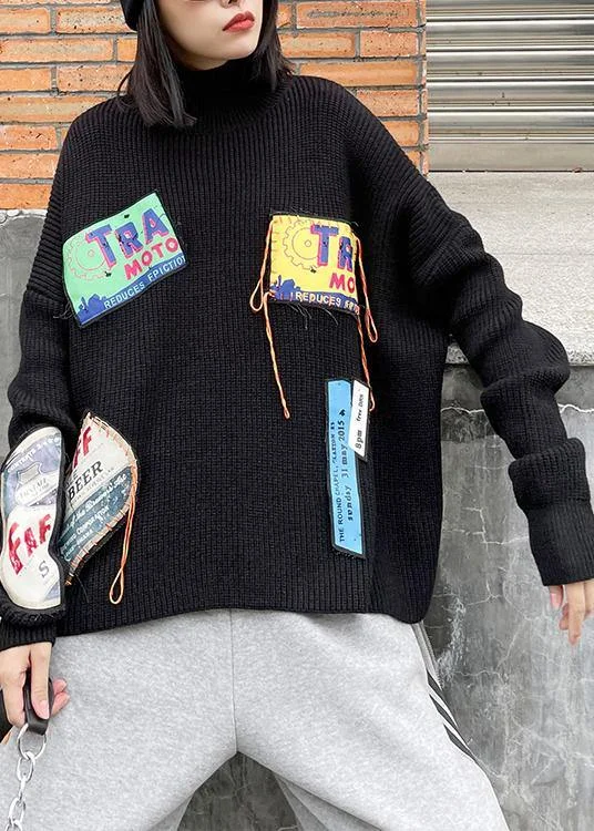 Winter black clothes high neck patchwork sweaters Front Pockets Side Pockets Patch Pockets