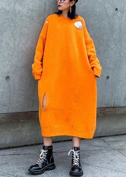 Winter orange Sweater knit dress Street Style o neck Hole Largo sweater dress Zippered Buttoned Snapped