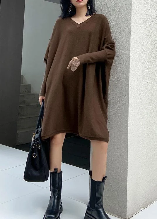 Winter v neck Batwing Sleeve Sweater weather Women chocolate Largo knitted dress Sequined Glittery Shiny