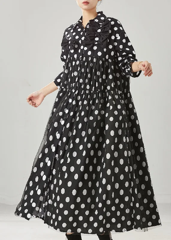 Women Black Dot Print Bow Tullle Long Dresses Spring Tunics Custom made