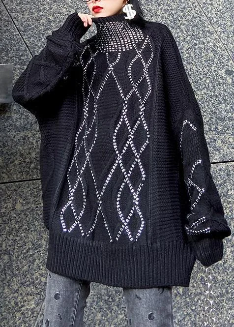 Women black knitted t shirt Sequined fashion high neck sweaters Chenille Fabric Brocade Fabric Lace Fabric