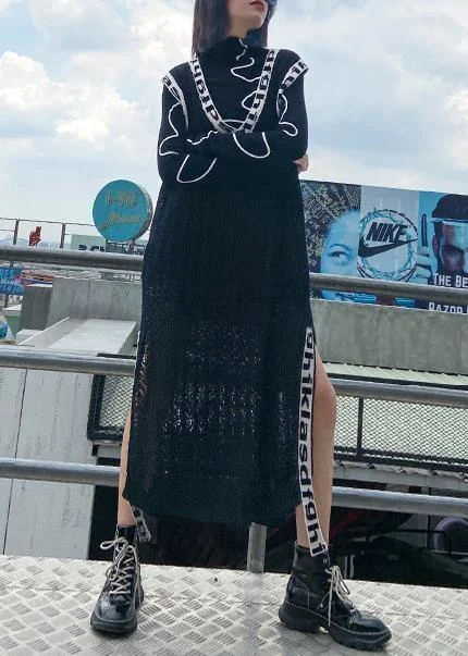 Women black Letter Sweater dresses Largo v neck side open Art  knit dress Satin Fabric Silk Fabric Chiffon Fabric