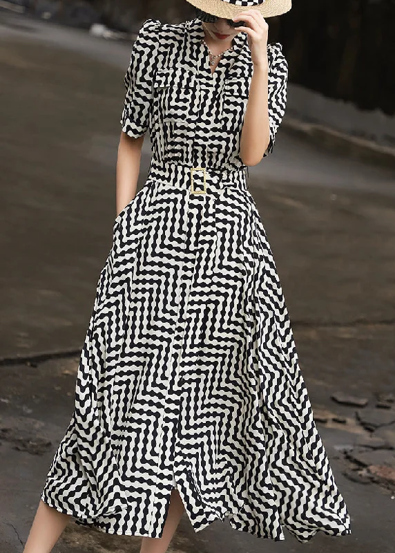 Women Black Striped Tie Waist Chiffon Dresses Summer Elegant Long Evening