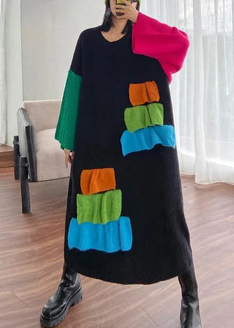 Women black Sweater Aesthetic Refashion o neck patchwork DIY knit dresses Ribbed Striped Patterned