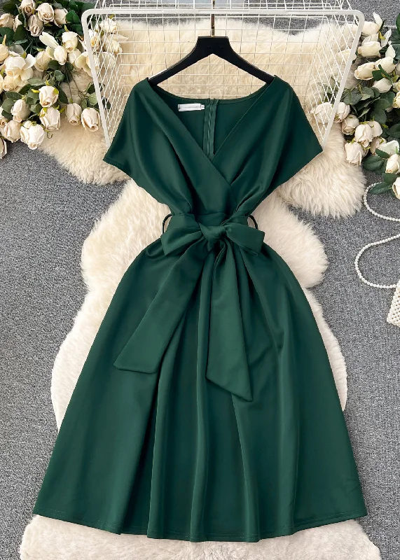 Women Blackish Green V Neck Zippered Tie Waist Spandex Dresses Summer sweetheart Neckline Romantic