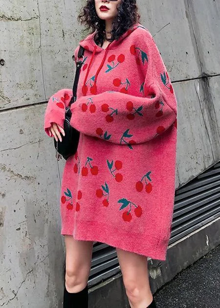 Women hooded drawstring Sweater dresses Street Style pink Cherry print Mujer sweater dress Wool Fabric Cashmere Fabric Tweed Fabric